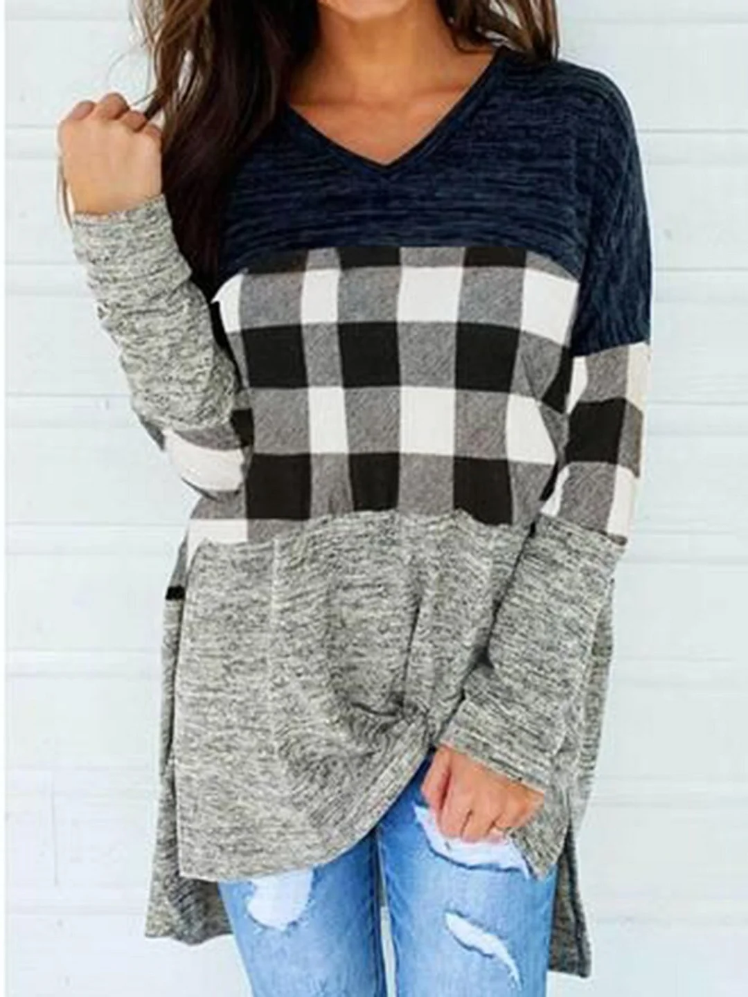Casual Color Block Checked/Plaid Printed V Neck Loosen Top