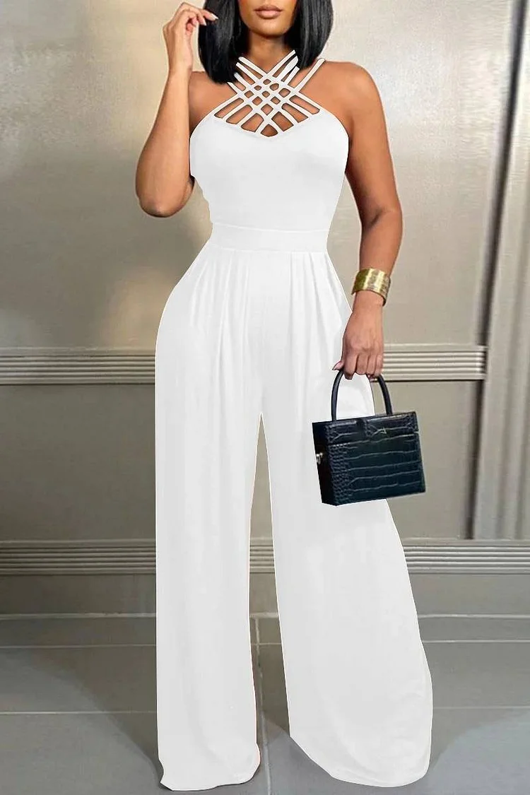 Xpluswear Plus Size White Daily Hollowed Out V Neck Strappy Sleeveless Wide Leg Jumpsuits 