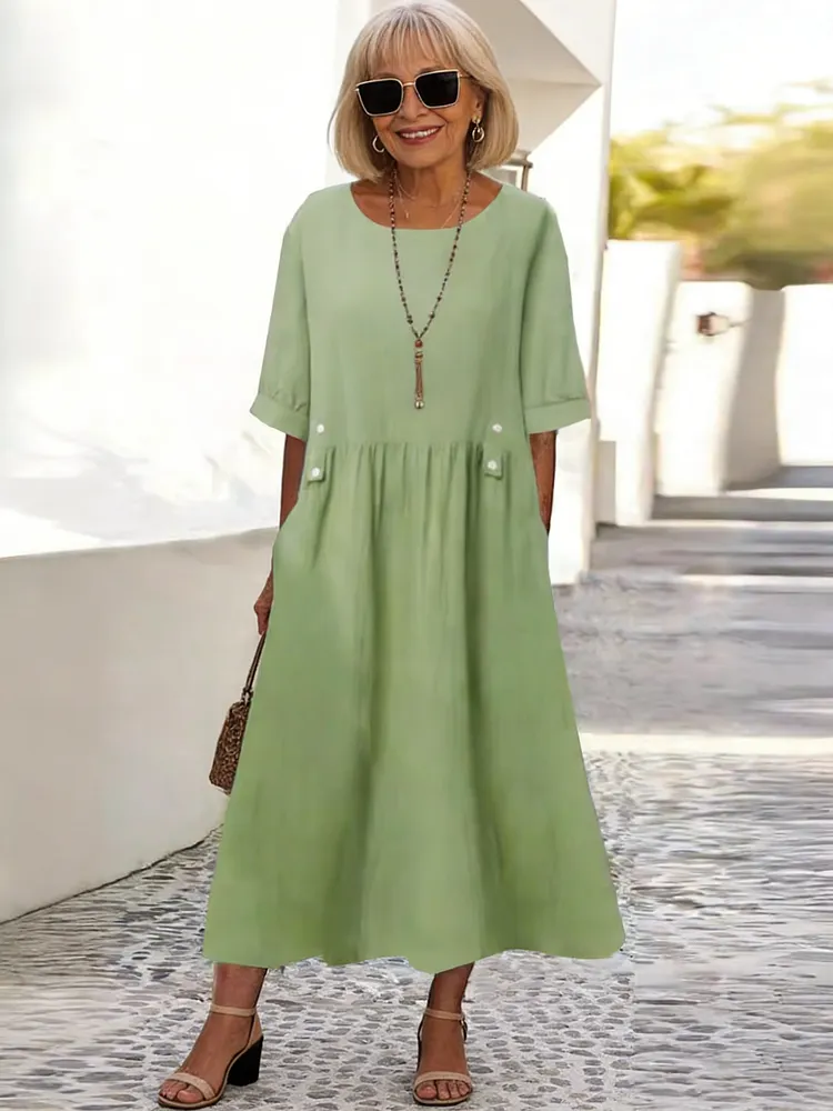 Summer Short-sleeved Cotton and Linen Dress Hot-selling Round Neck Loose Medium and Long Large Size Skirt