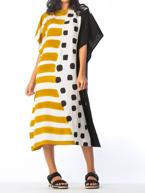 Oversize Bat Wing Print Patchwork Midi Dress