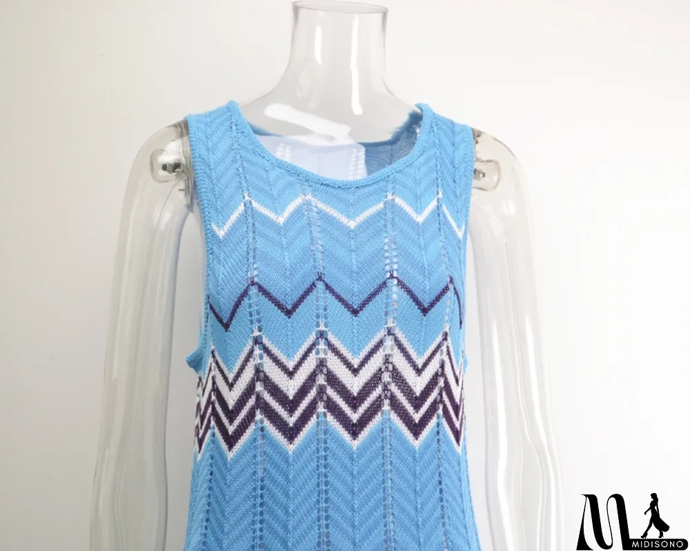 MidiSono - Women Summer Blue Hollow Knitted Stitching Plus Size Long Seaside Holiday Skirt