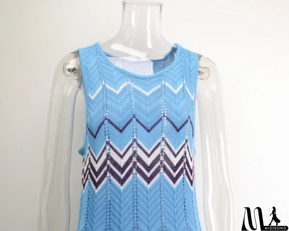 MidiSono - Women Summer Blue Hollow Knitted Stitching Plus Size Long Seaside Holiday Skirt