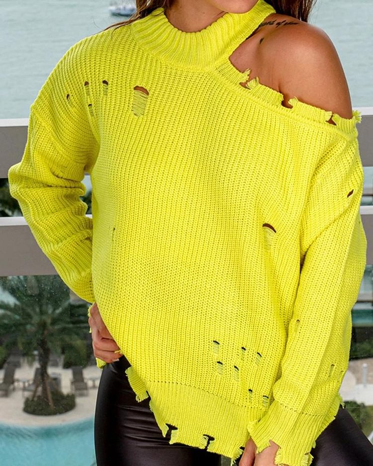 Open Knit Asymmetrical Neck Ripped Hem Sweater - Shop Trendy Women's Clothing | LoverChic