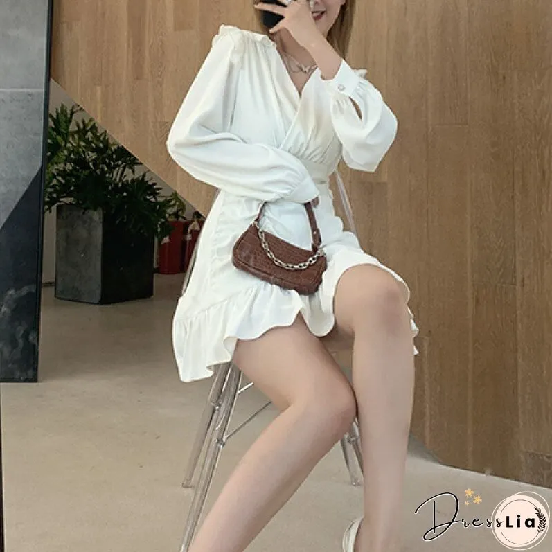 Back College Draped Mini Dress Women Casual High Street French Long Sleeve Waist Party