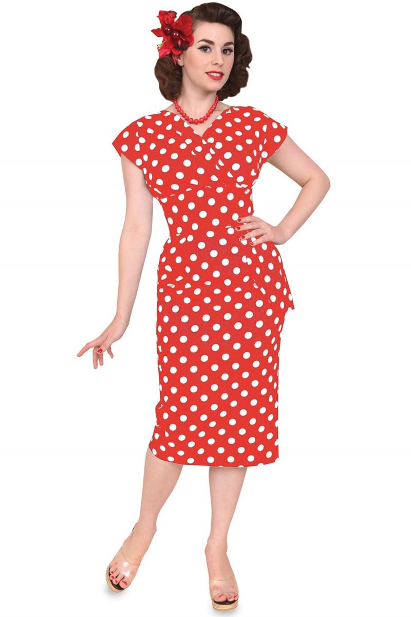 1950s Red White Party Polka Dot Pleated Pencil Midi Dress (With Belt) [Pre-Order]