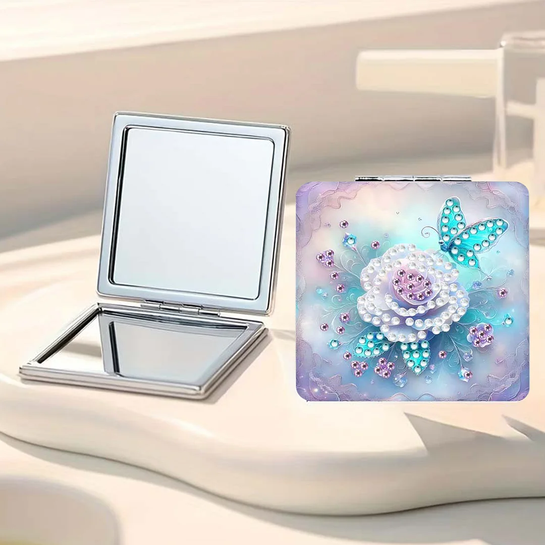 White Flower DIY Special Shaped Diamond Painting Compact Mirror Kits Diamond Art Painting Pocket Mirror for Beginners Adults Art Craft Woman Gifts