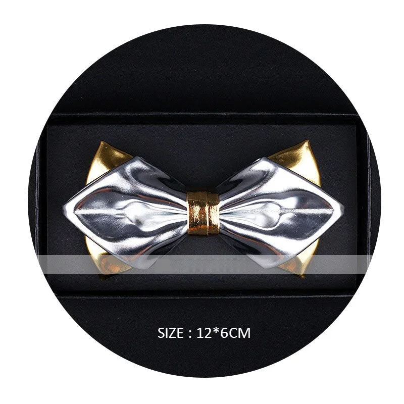 Exclusive Designer Fashionable Gold  Pu Leather Pointed Luxury Bow Tie Bright Nightclub Bowtie Gifts for Men Accessories