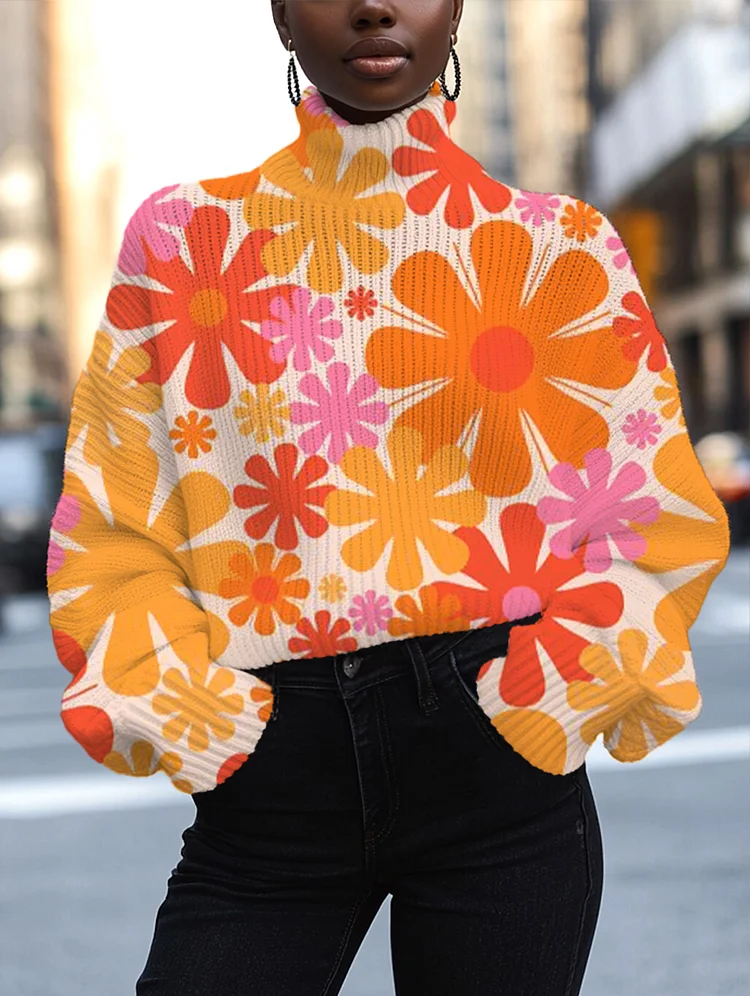Women'S Retro Aesthetic Colorful Flowers Print High Neck Knit Sweatshirt