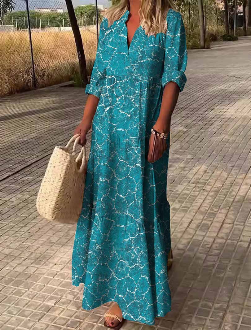 Women Textured,Blue DZDN0666 SPU Printed Long Sleeve V-neck Maxi Dress