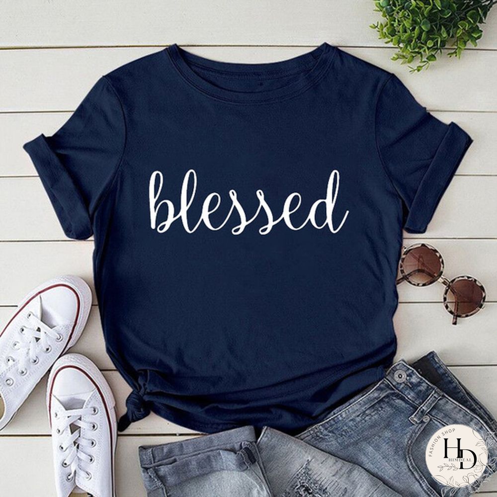Womens Fashion Blessed PrintT-shirtsSummer Casual Loose Round-neck Creative Personalized