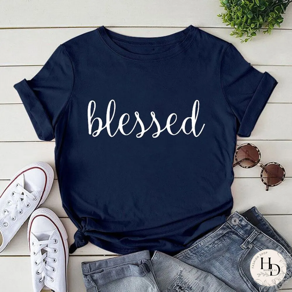 Womens Fashion Blessed PrintT-shirtsSummer Casual Loose Round-neck Creative Personalized