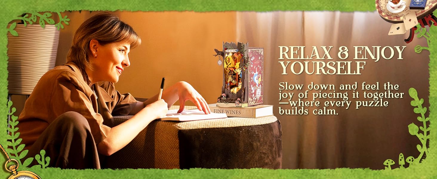 Tegooe 3D Wooden Book Nook Kit with LED Lights - Miniature Bookshelf Insert Gift