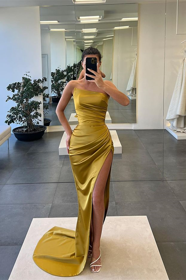 Strapless Mermaid Beaded Cut-Out Yellow Long Ball Dress With Slit