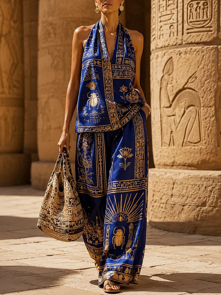 Women&rsquo;s Tribal Mask Pattern Creative Print Two-Piece Set