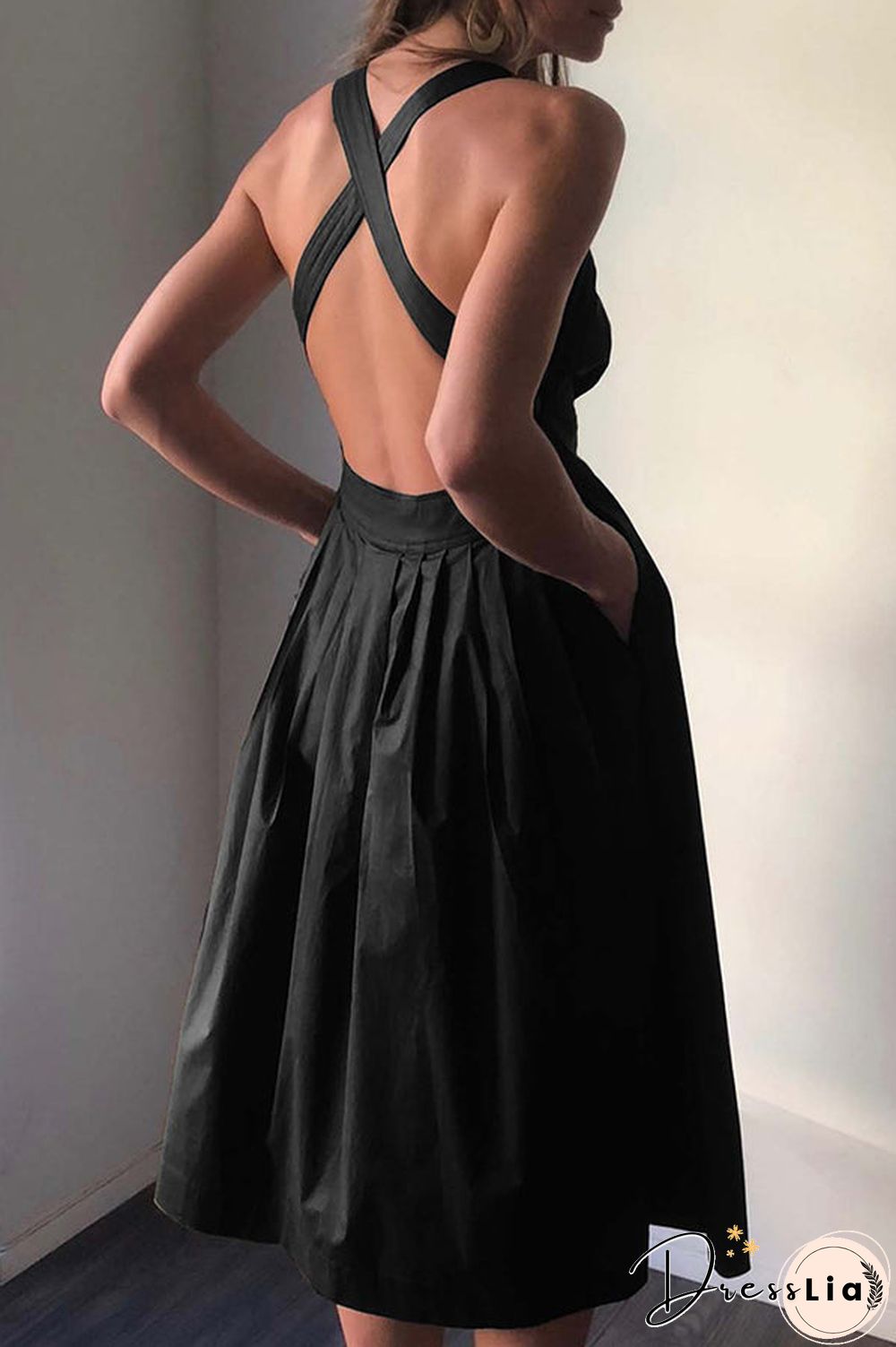 Halter Square Neck Backless Midi Dress