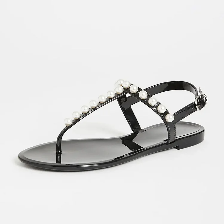 Black Open Toe T-Strap Flat Pearl Sandals for Women |FSJ Shoes
