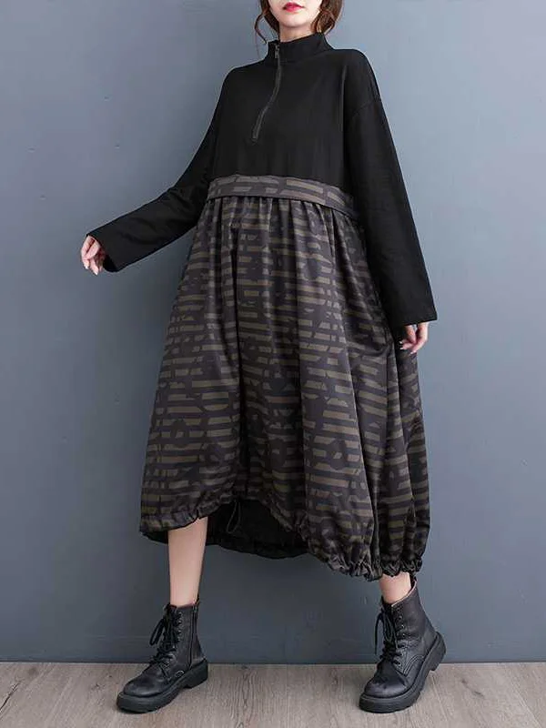 Zipper Split-Joint Printed Drawstring Loose Long Sleeves Midi Dresses