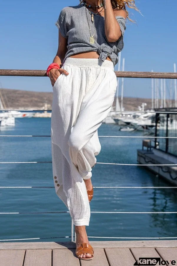 Heather Pocketed Elastic Waist Mesh Button Cutout Pants
