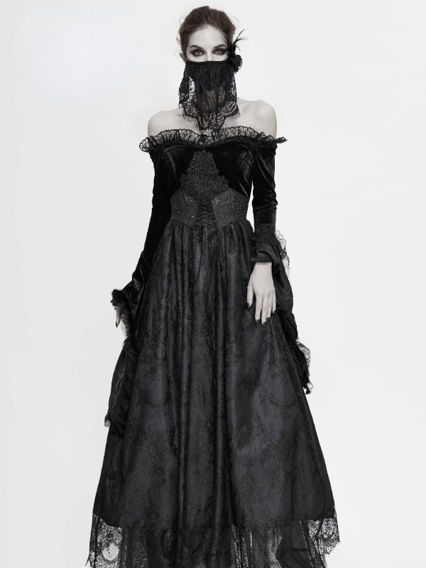 Gothic Off Shoulder Lace Pleated Sexy Women Formal Long Dress with Fur Collar