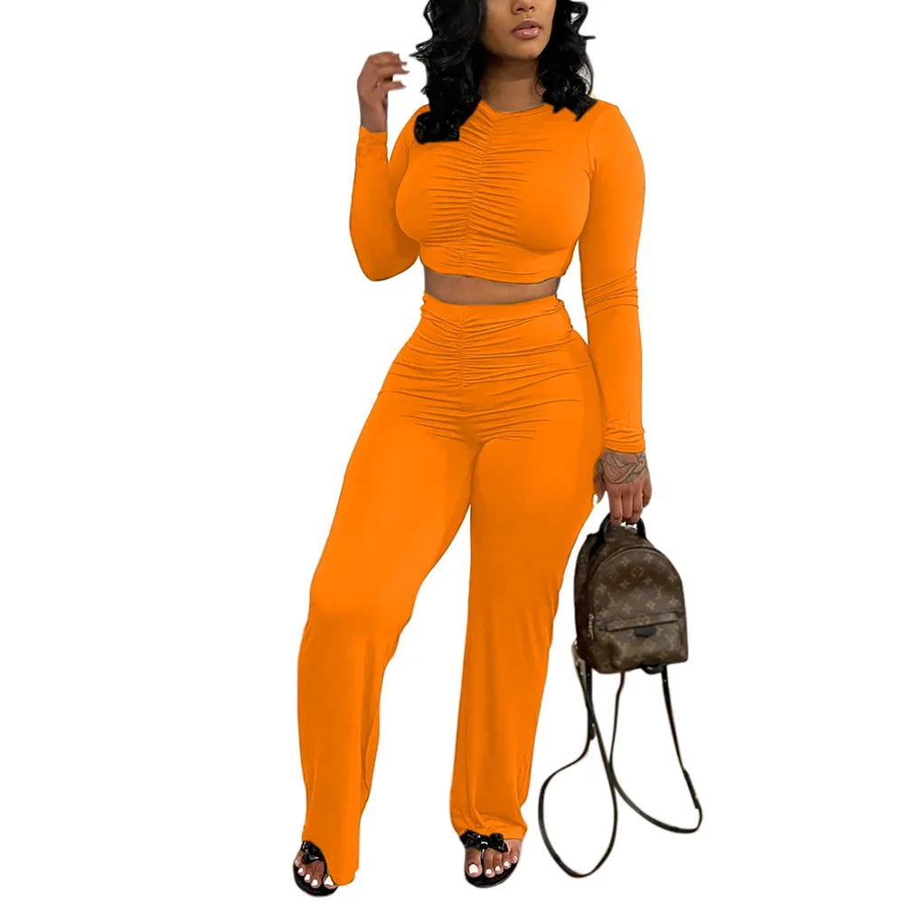 Orange Pleated Long Sleeve Top with Pant Set