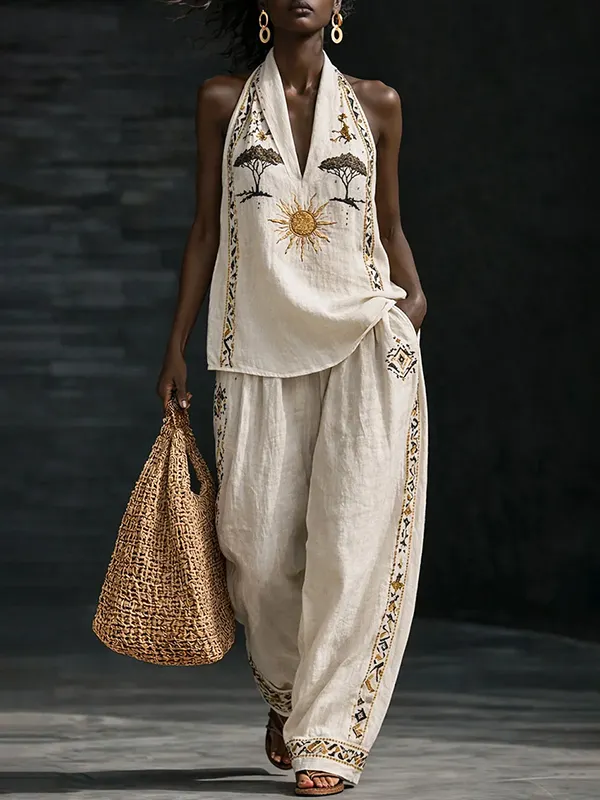 Women's Sun and Tree African Tribal Pattern Deep V Neck Sleeveless Top Pants Matching Set