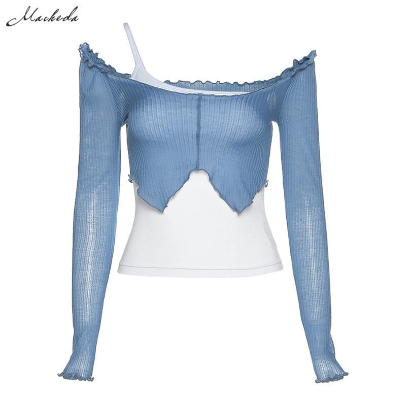 Macheda Fashion 2 Pcs Set Solid Slim T shirt Summer Women Long Sleeve Casual Vacation Off Shoulder Split Tee Streetwear Tops Set
