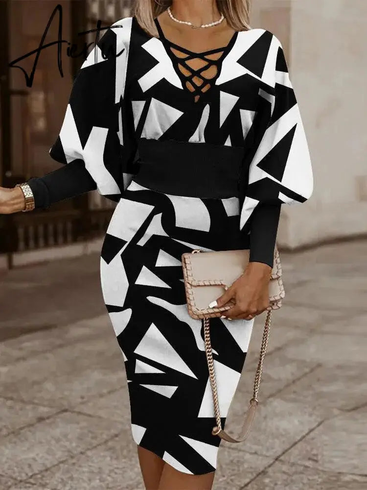 Autumn Winter Ladies Black Print Mid Dress Women Slim Beam Waist Long Sleeve Vestidos Elegant Sexy Hollow Women's Dress Aiertu