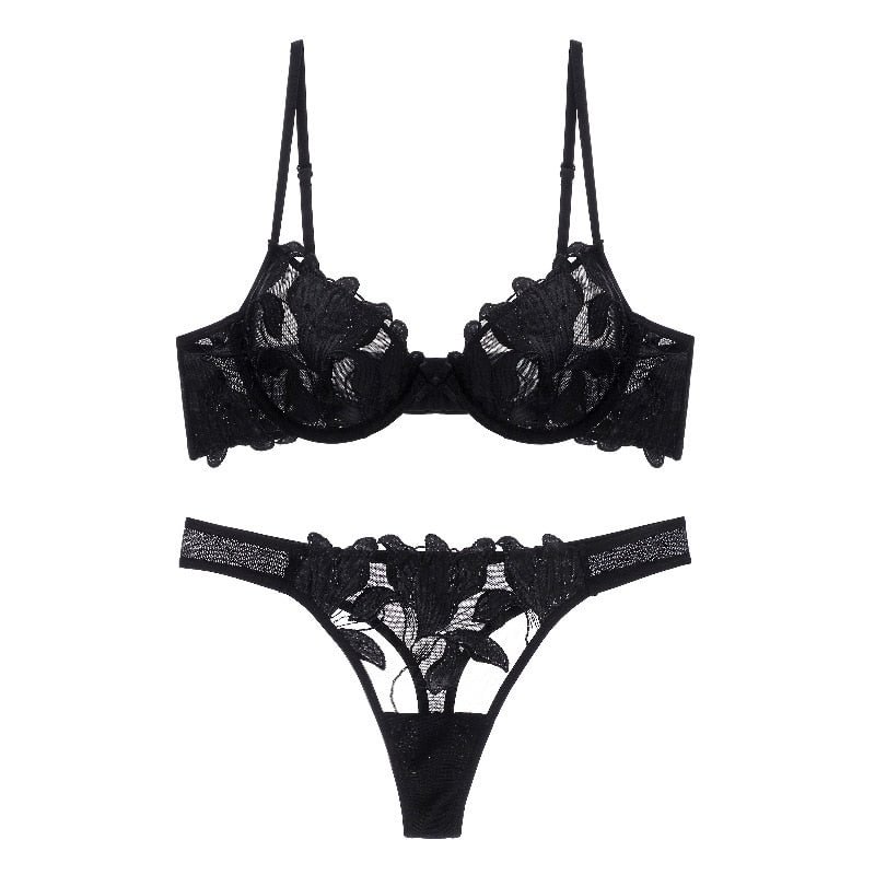 Fancy Underwear Lace Women's Bra and Panty Set Floral Embroidery Brief Sets Sexy Thin Bralette Female Erotica Intimates Lingerie