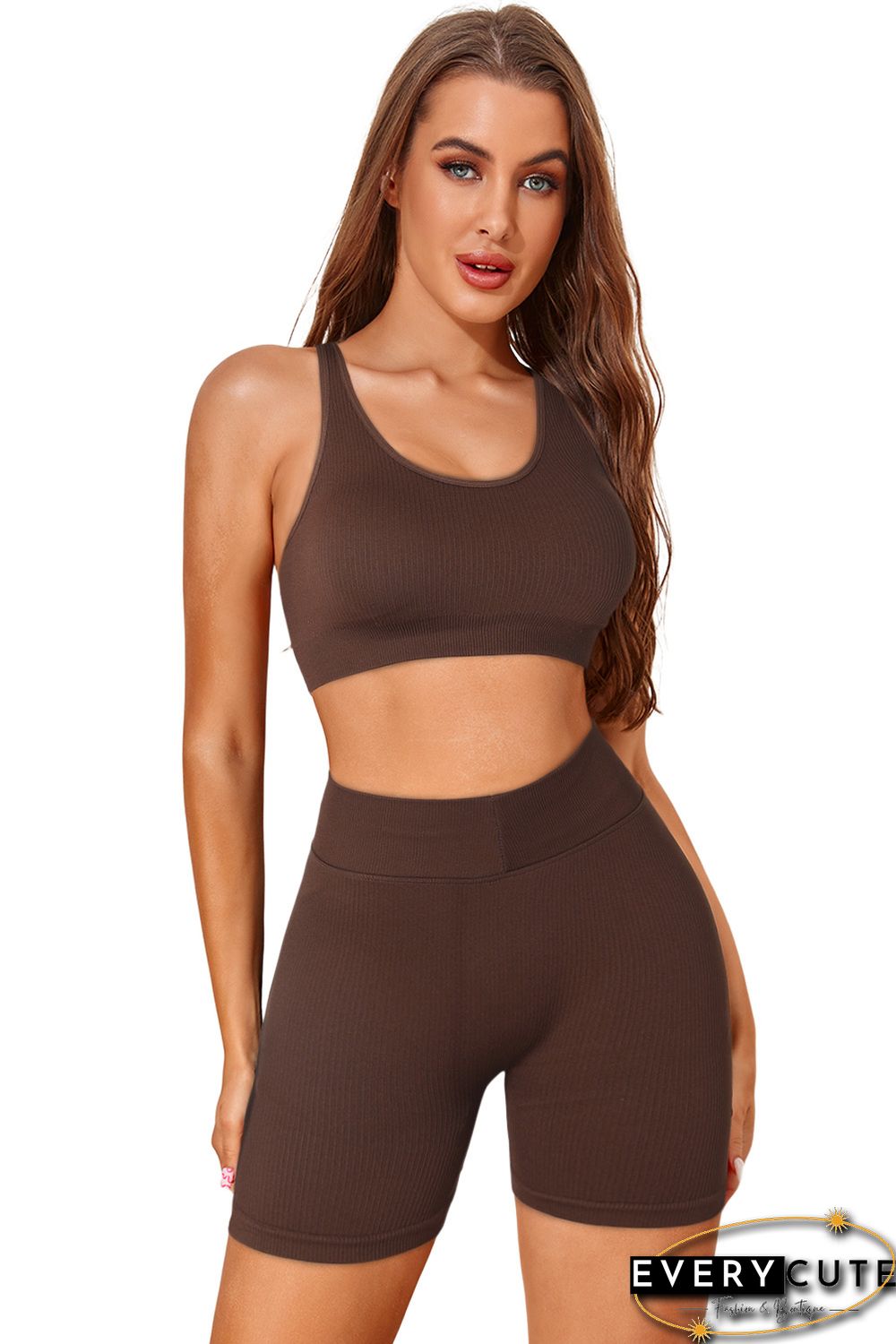 Brown Ribbed Knit Lace-Up Back Bra