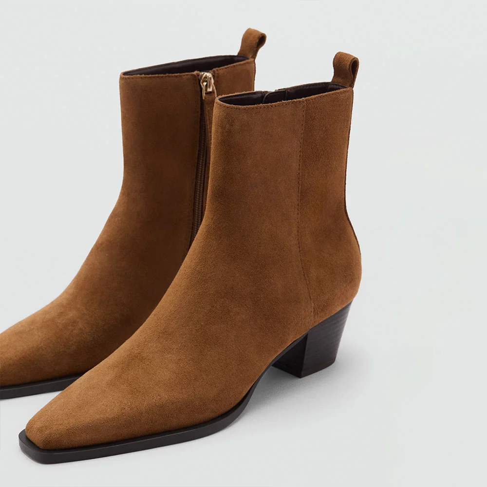 Brown Vegan Suede Chunky Heel Square Toe Zipped Booties for Women