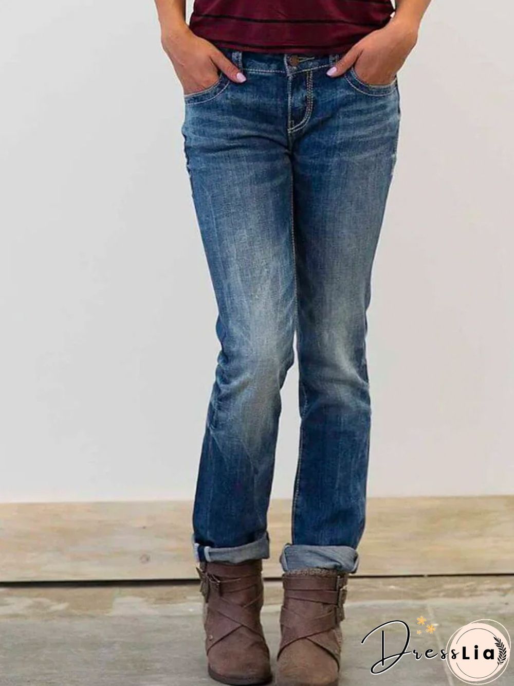 Blue Plain Casual Denim Jeans