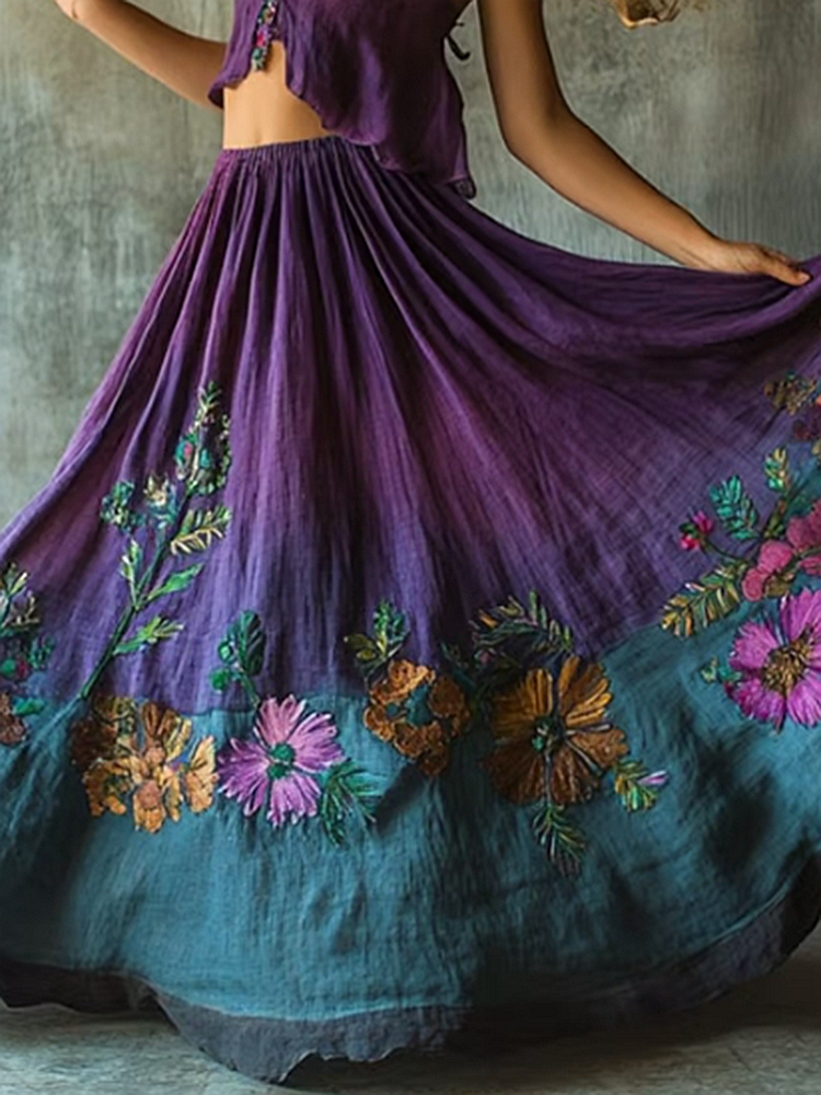Women's Retro Flower Embroidered Pattern Linen Blended Short Skirt