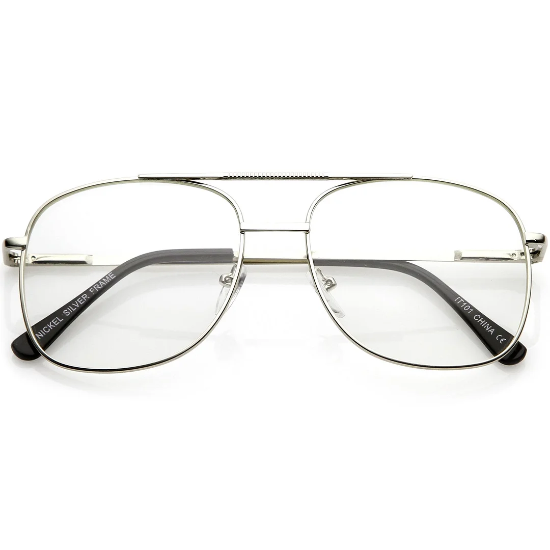 Classic Metal Aviator Glasses Double Crossbar Square Clear Lens 55mm
