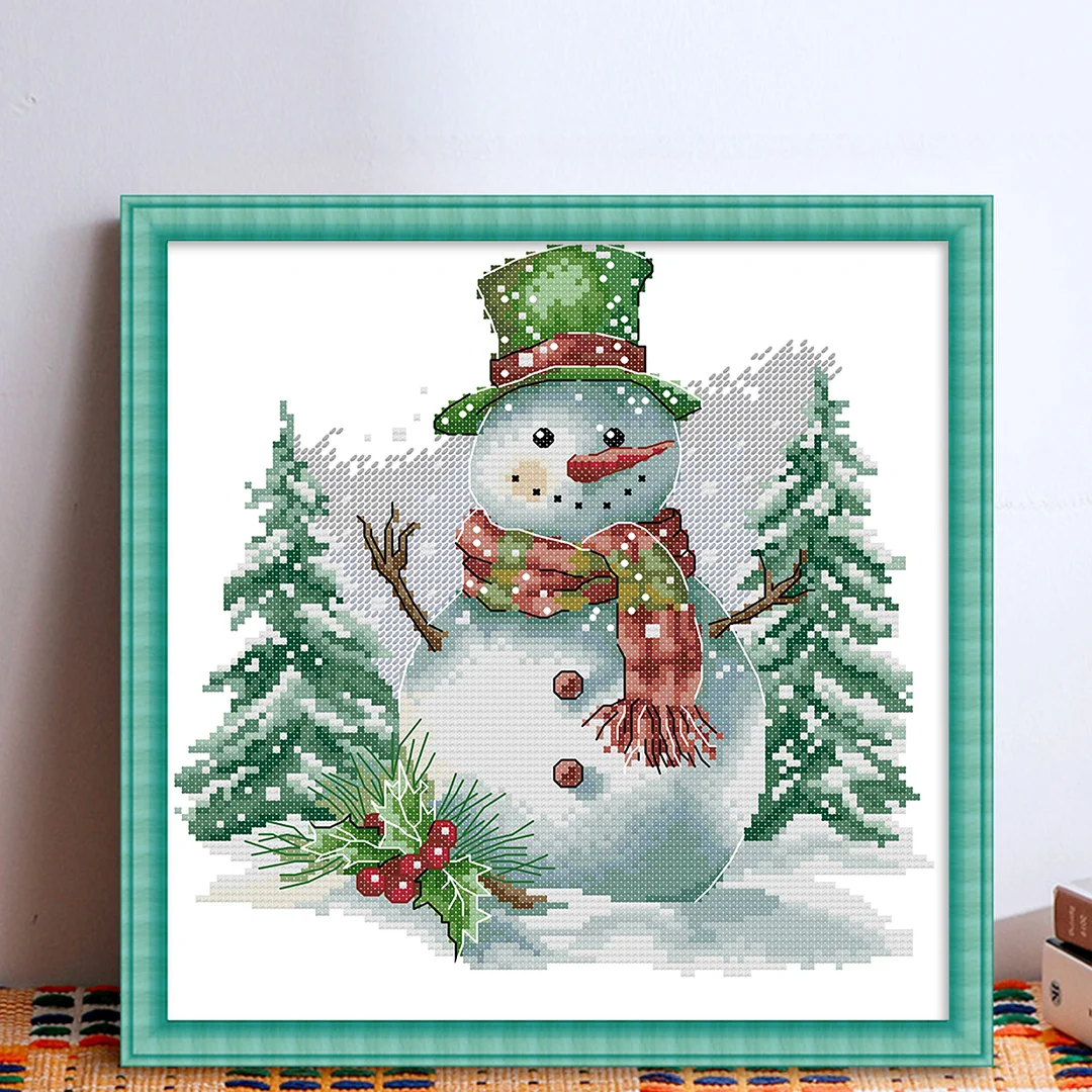 Green Snowman Partial 14CT DIY Stamped Cross Stitch Kits for Adults 27x28cm