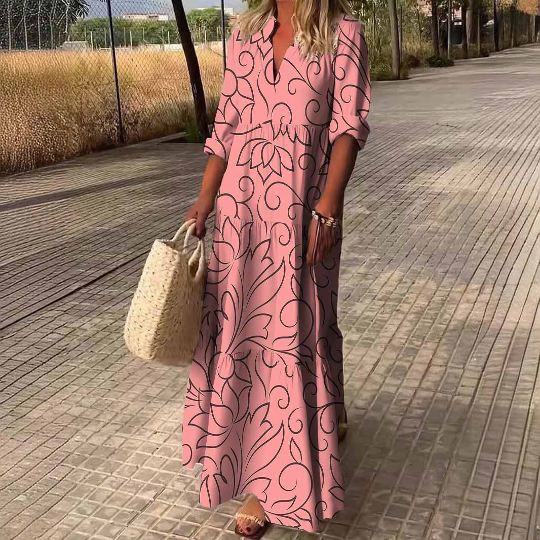Women Geometric, Pink, Black DZDN0647 SPU Printed Long Sleeve V-neck Maxi Dress