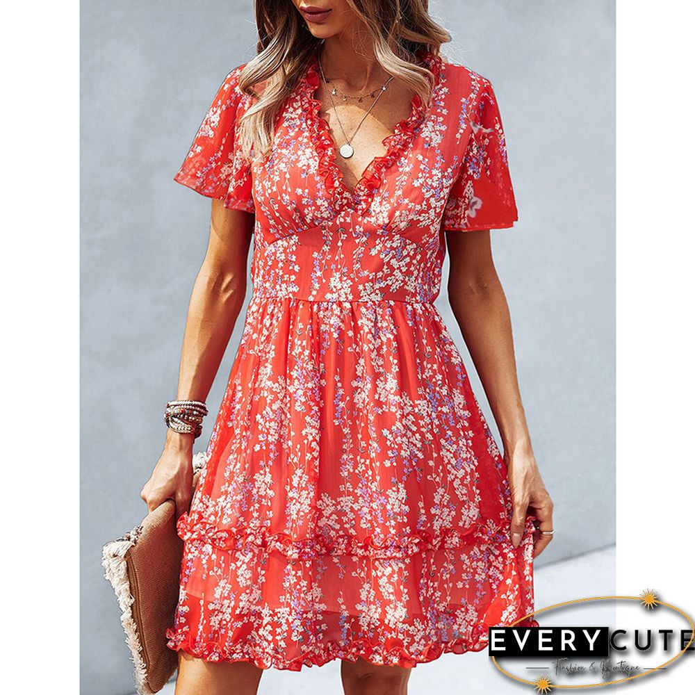 Red Floral Print Layered V Neck Mini Dress
