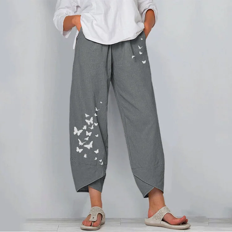 Summer Casual Loose Cotton Linen Butterfly Print Pants