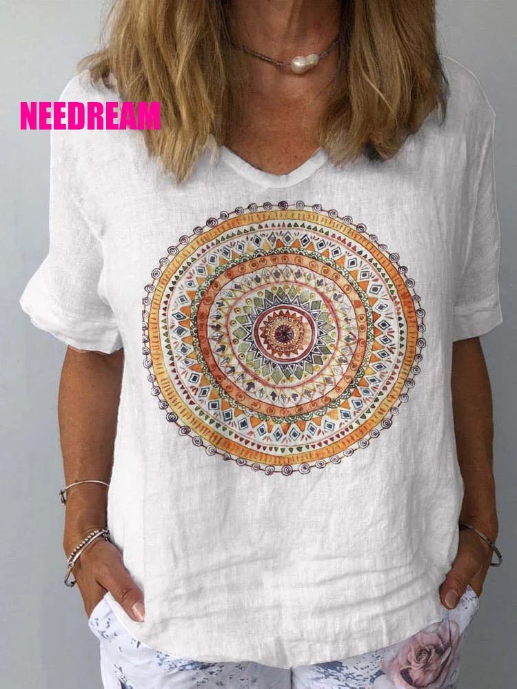 Womens Art Geometry Pattern Print Cotton And Linen Top