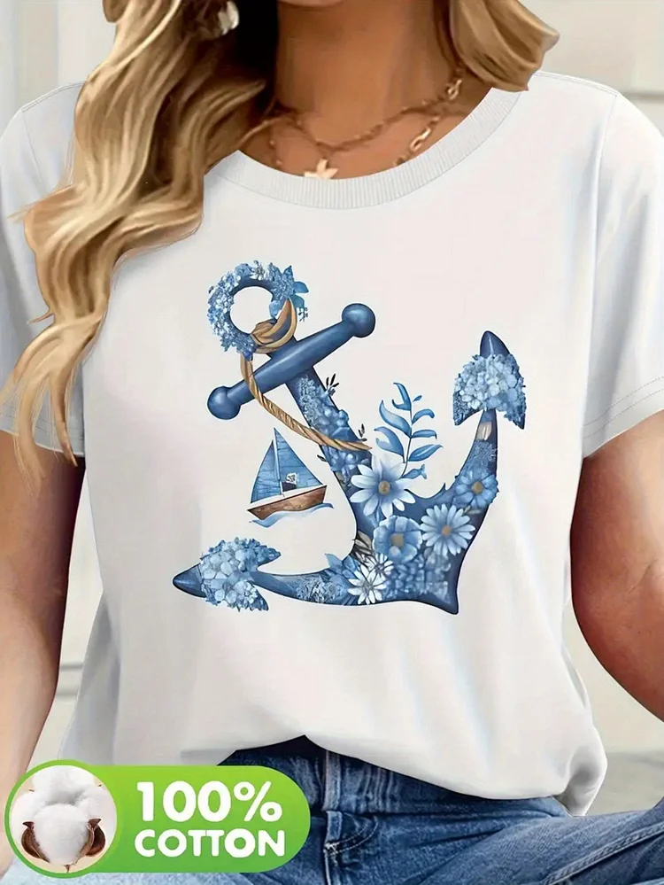 Fashionable Letter Cartoon Print Women's Round Neck T-Shirt, Simple Design, Comfortable And Breathable, Suitable For Daily Leisure And Versatile, Showing A Natural And Elegant Style, A Must-Have For Summer Parties, Local Delivery