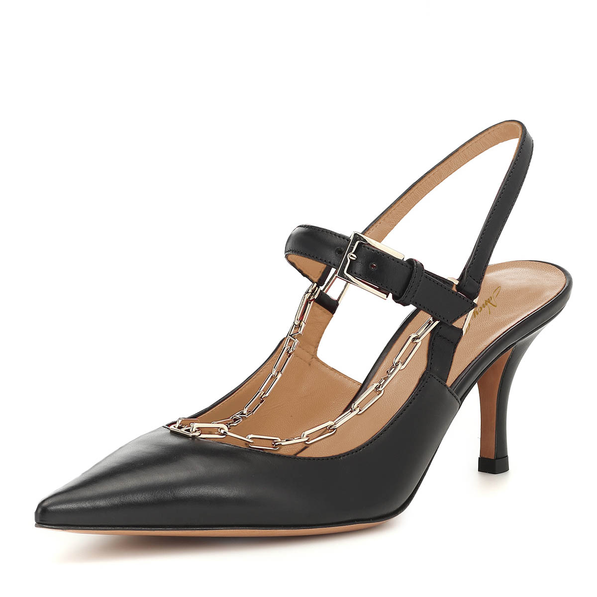 Black Chain Pointed Toe Stiletto Heel Buckle Strap Slingback Pumps Nicepairs