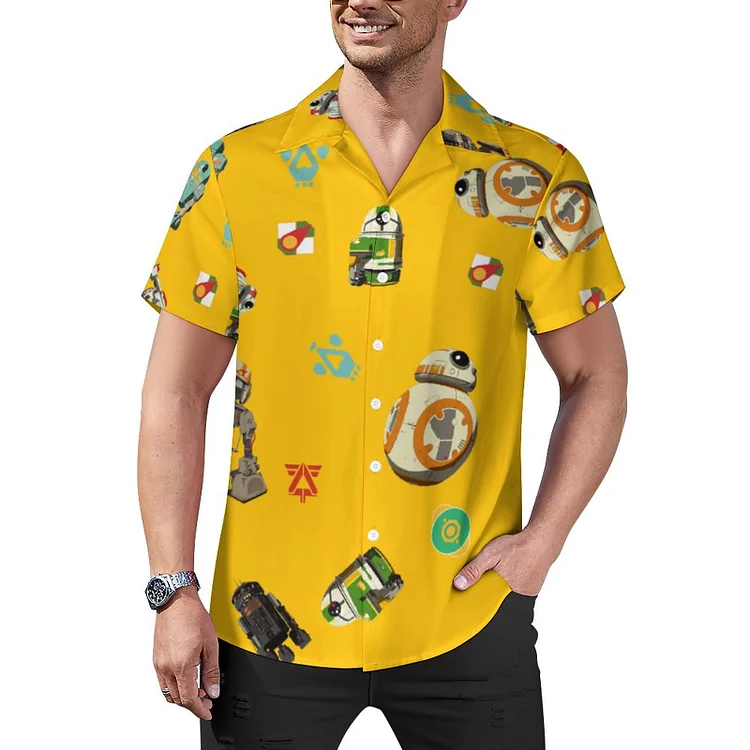 Yellow Star Wars Resistance Droids Men's Retro Bowling Shirts Rockabilly Style Button Down Cuban Camp Shirt - Heather Prints Shirts