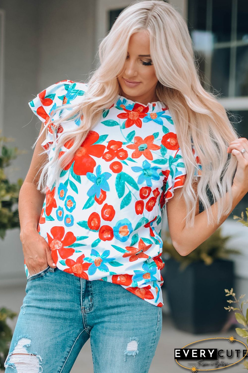 White Floral Print Frilled Neck Ruffled Sleeve Top