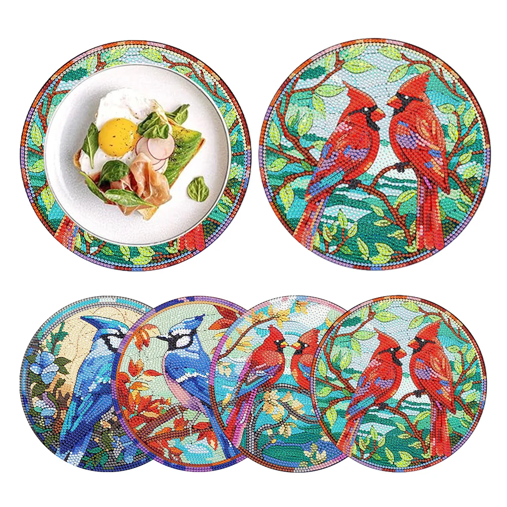 4 Pcs Bird In The Tree Acrylic Diamond Painted Placemats with Holder