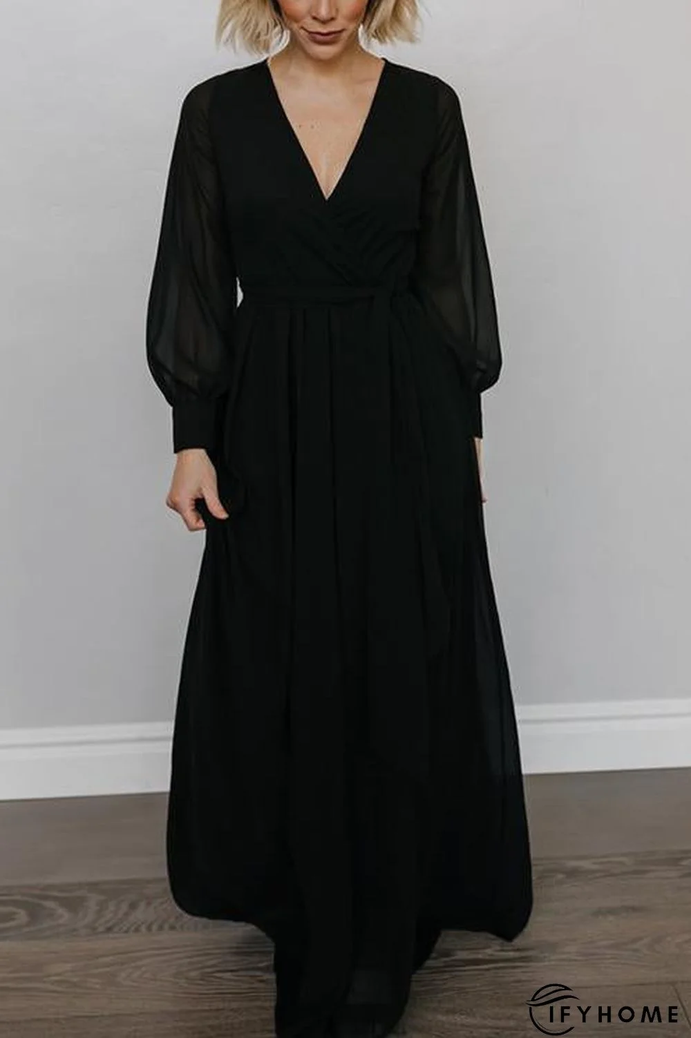 Button Puff Sleeve Belted Maxi Dress | IFYHOME