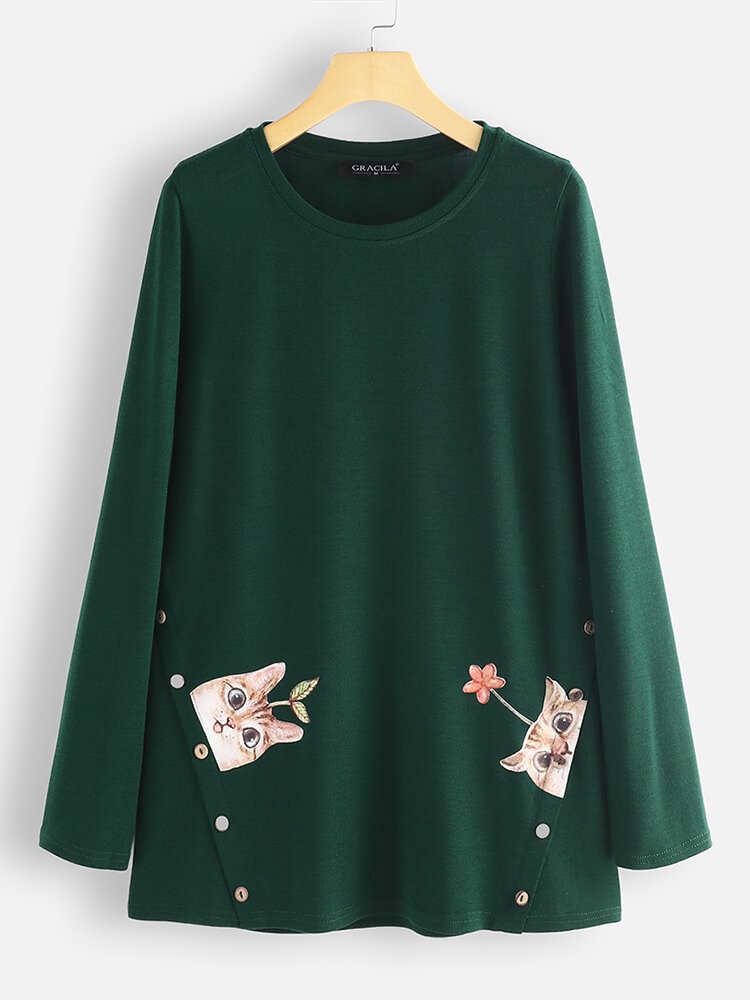 Casual Funny Cats Print Side Button Crew Neck Long Sleeve T Shirt P1609793
