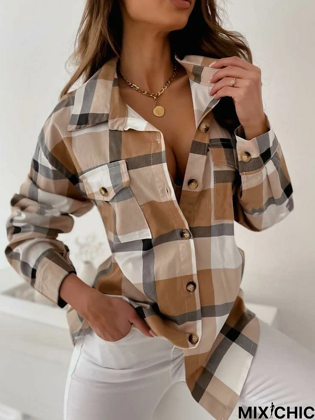 Buckle Casual Shirt Collar Blouse