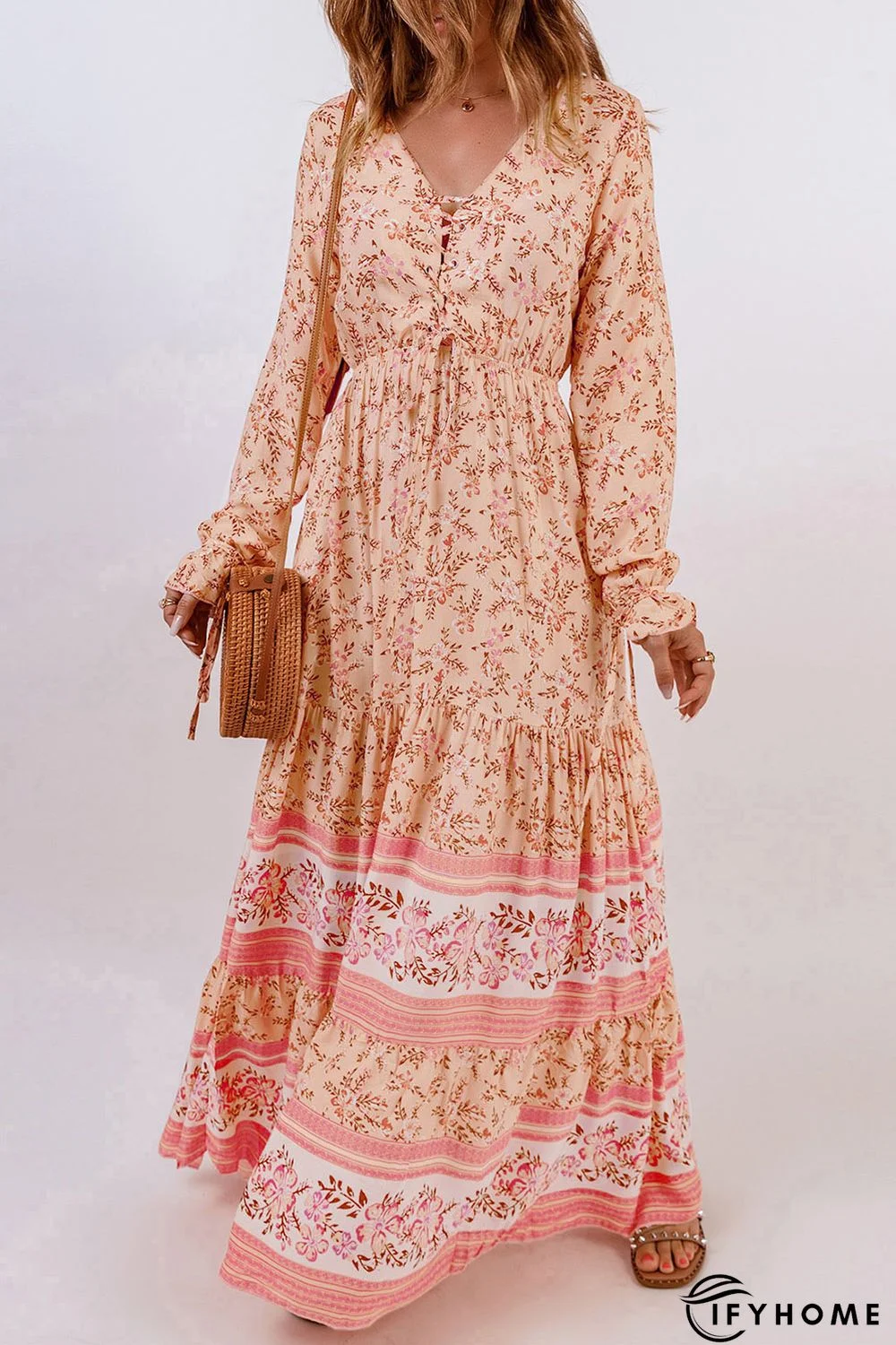 Orange Drawstring Lace-up V Neck Long Sleeve Floral Maxi Dress | IFYHOME
