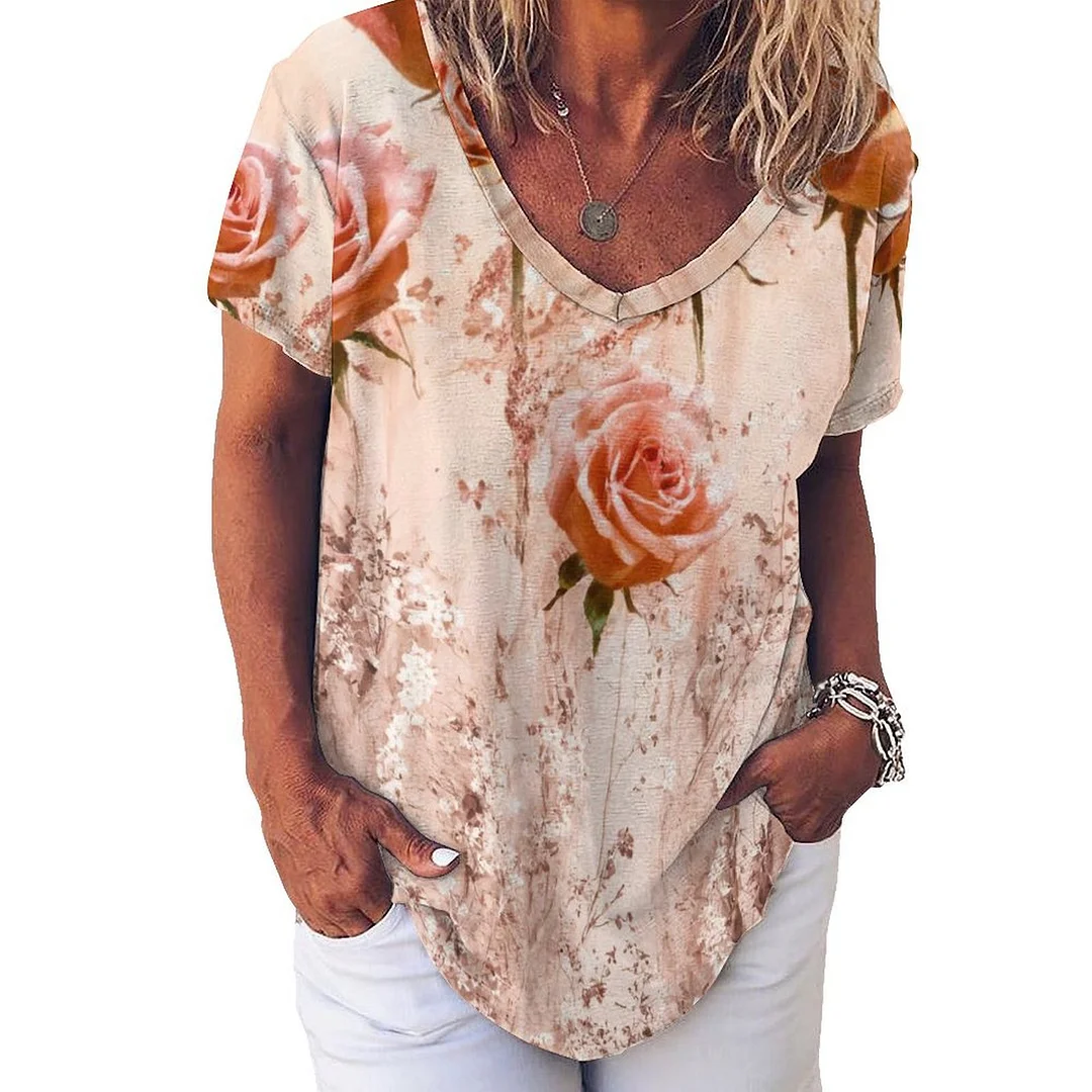 V-neck Short Sleeve Casual T-shirt for  Women Printed with Pattern Floral, Glitter, Pink
