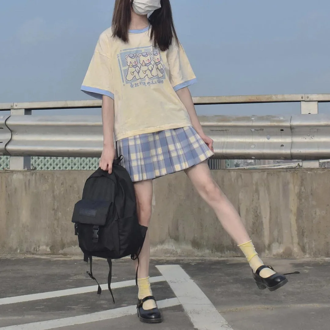 Kawaii Harajuku T Shirt Sky Blue Japan Print Loose Short Sleeve T Shirt Anime Tops Women Fashion Clothing T Shirt for Girl