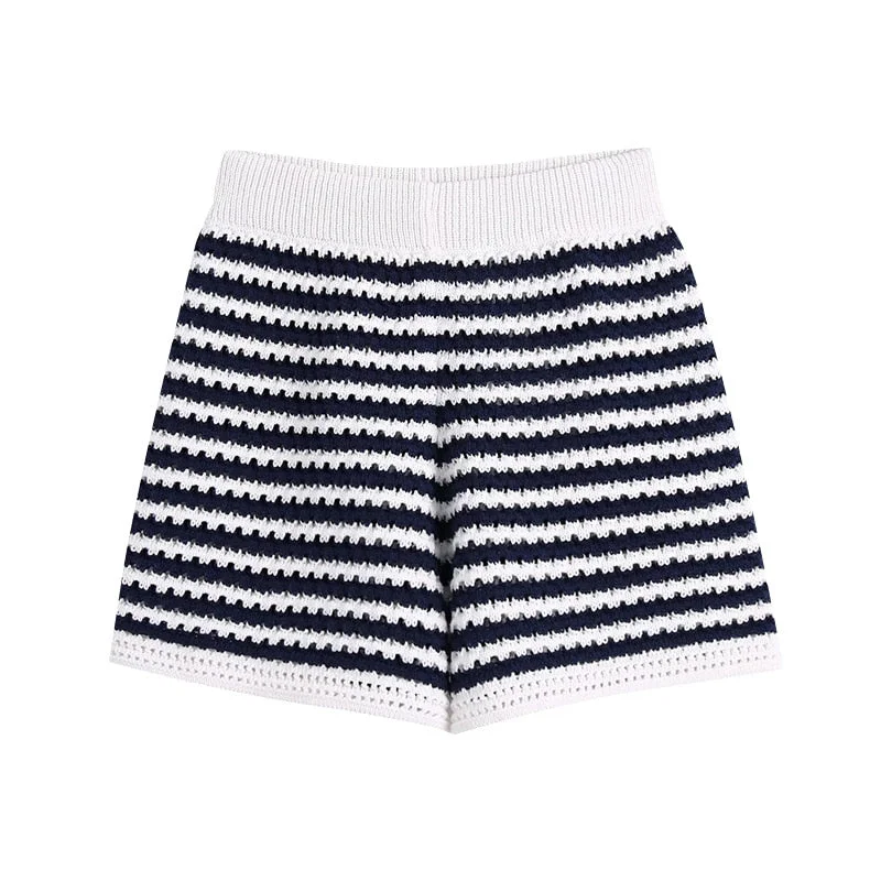 KPYTOMOA Women 2021 Chic Fashion Striped Knitted Shorts Vintage High Elastic Waist Female Short Pants Mujer